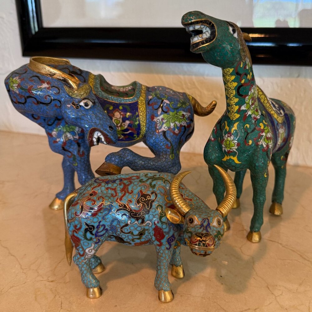3 Decorative Chinese cloisonné animal figurines, Horses and Water Buffalo